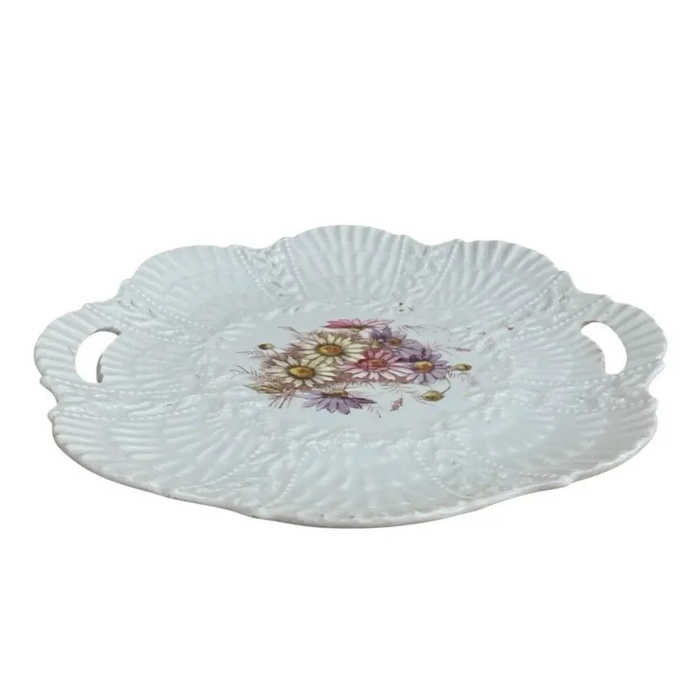 Bisque Scallop Coral Floral Limoges Round Tab Handle Platter/Tray Antique